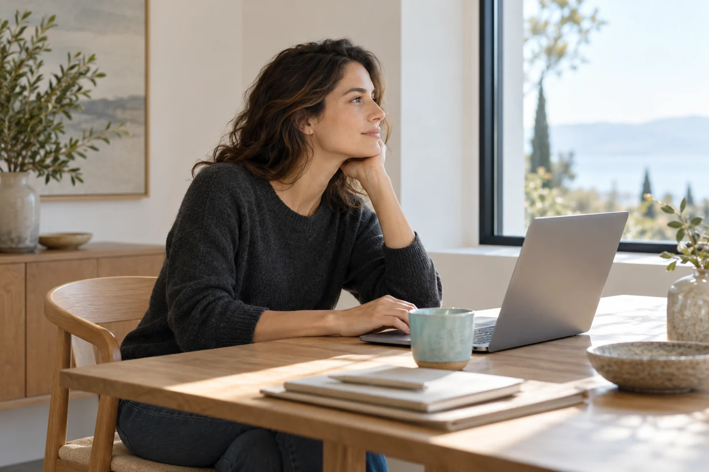 Illustrative pause during desk work beside a window