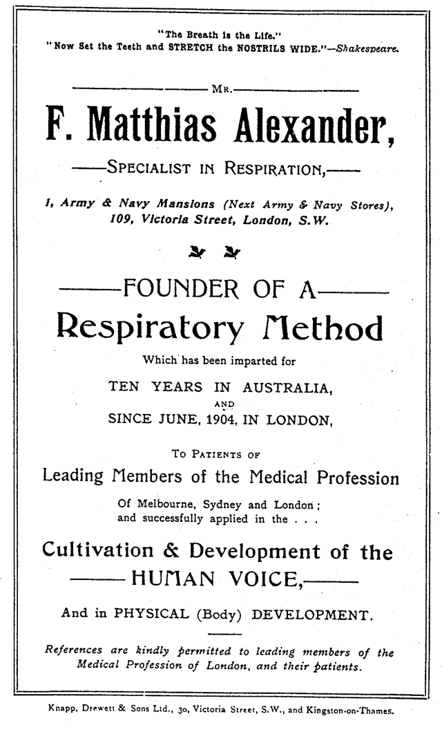 Historic publicity poster advertising F. Matthias Alexander’s teaching in London, circa 1904–1911