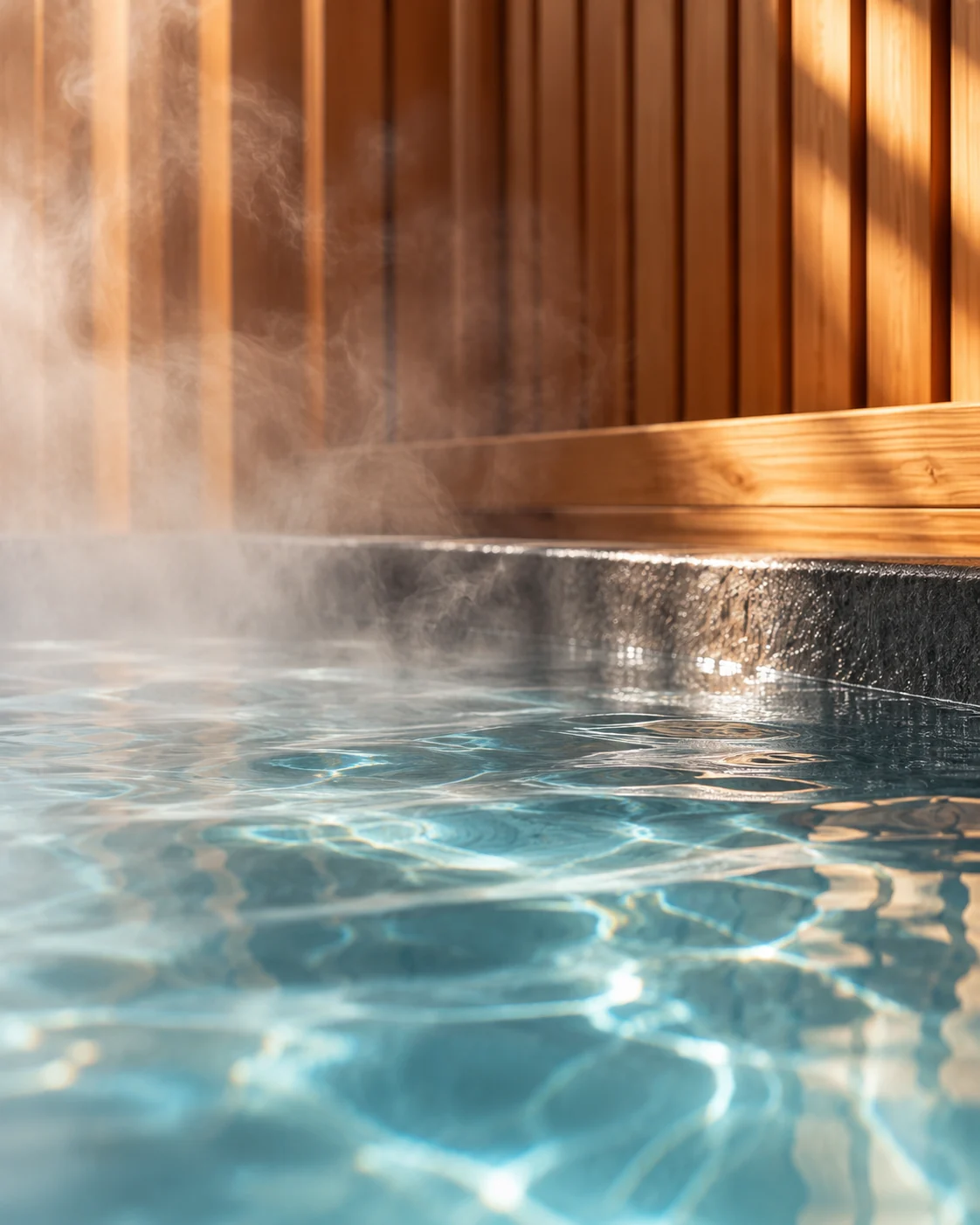 Warm cedar, drifting steam and cool rippling water in a contrast therapy concept