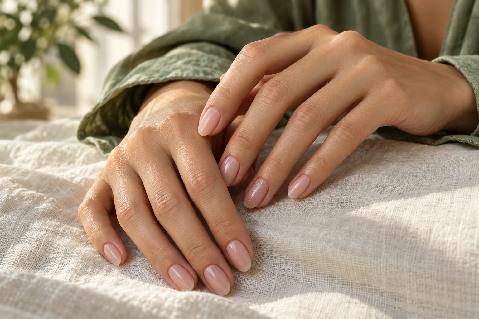 Illustrative nude almond-shaped manicure resting on cream linen