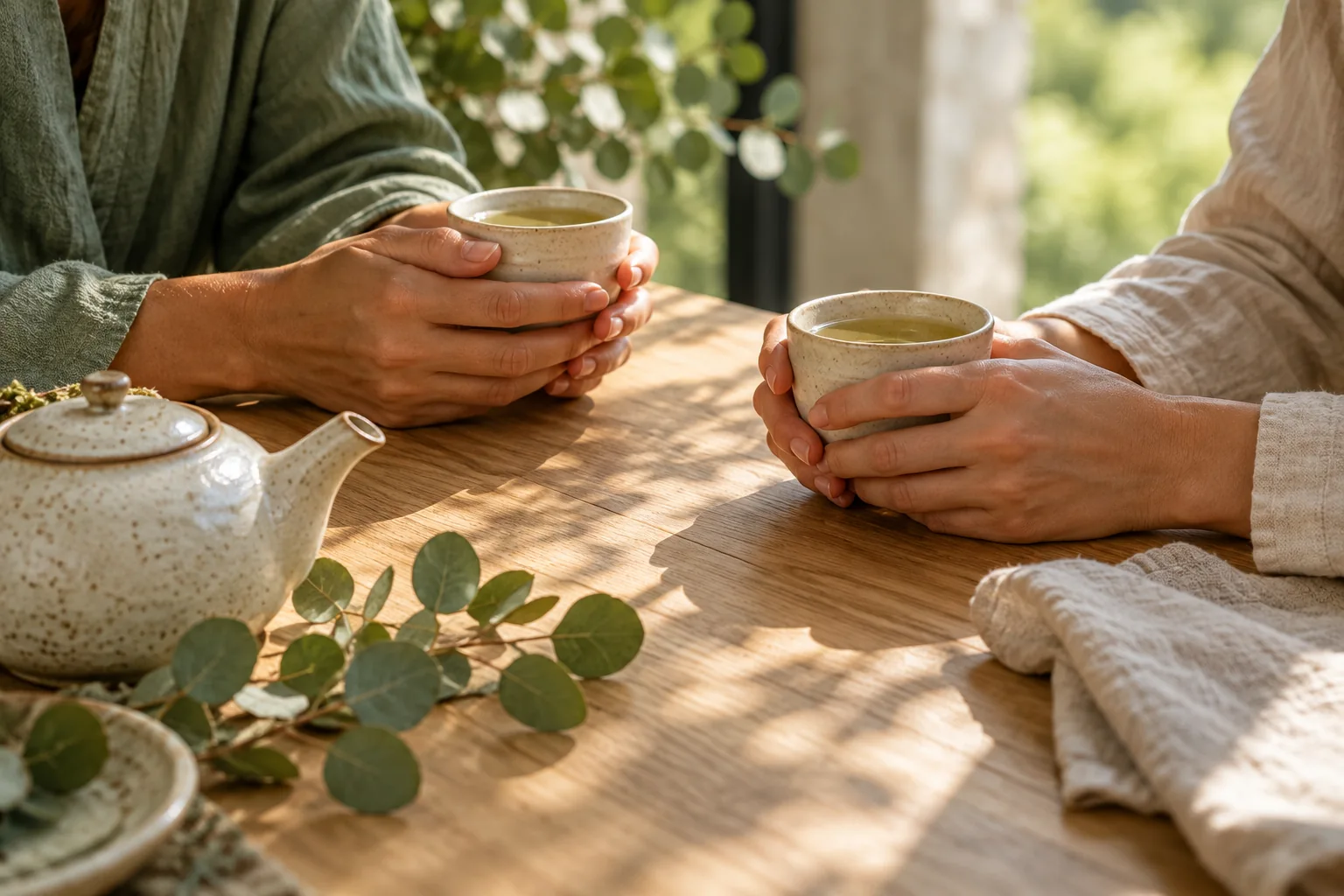 Illustrative scene of two people sharing tea at a wooden table