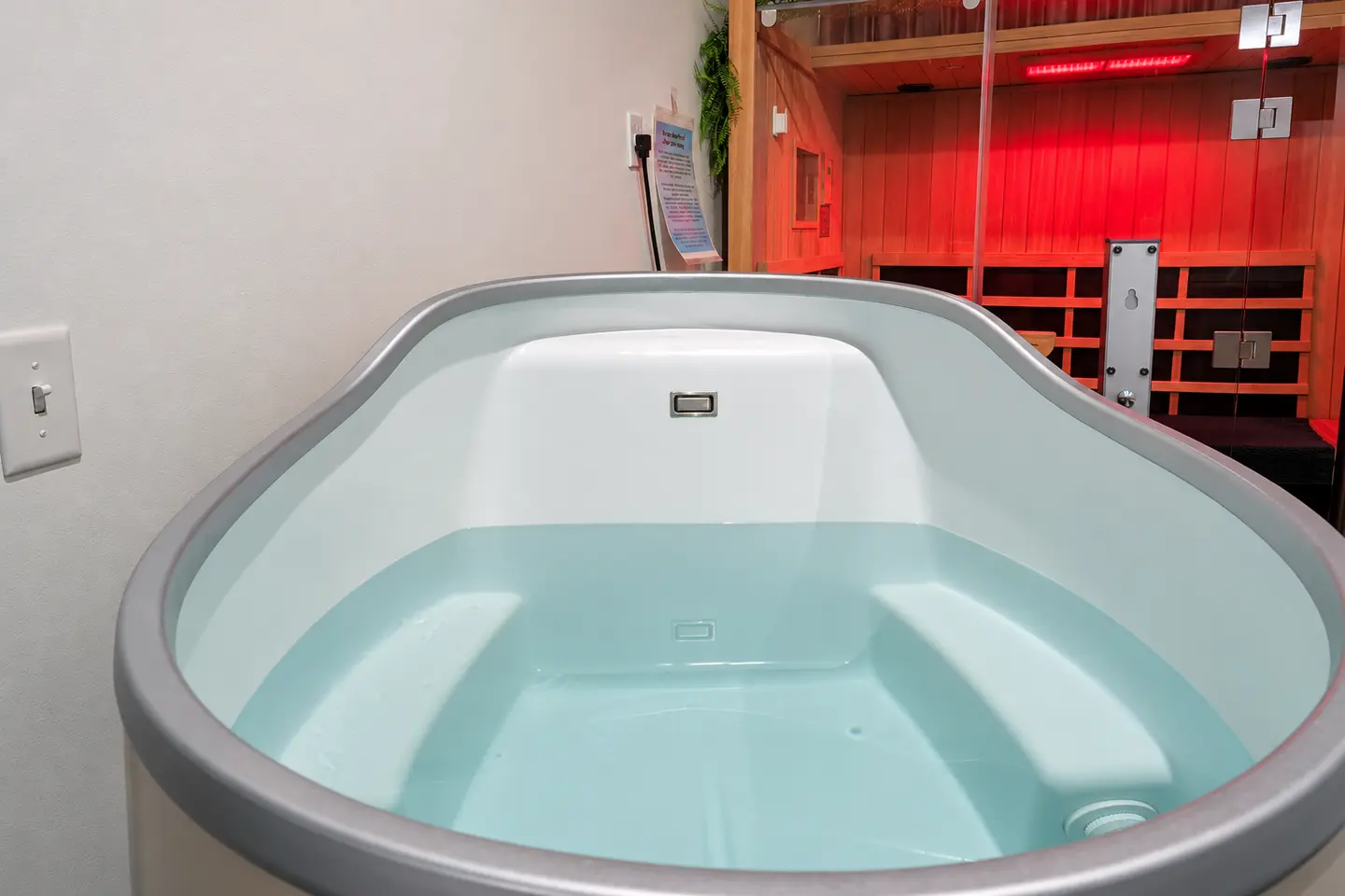 Private cold plunge with the infrared sauna behind it at Elemntal Wellness