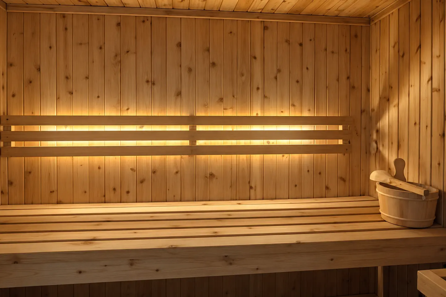 Traditional sauna interior with an illuminated wood backrest, bucket and ladle