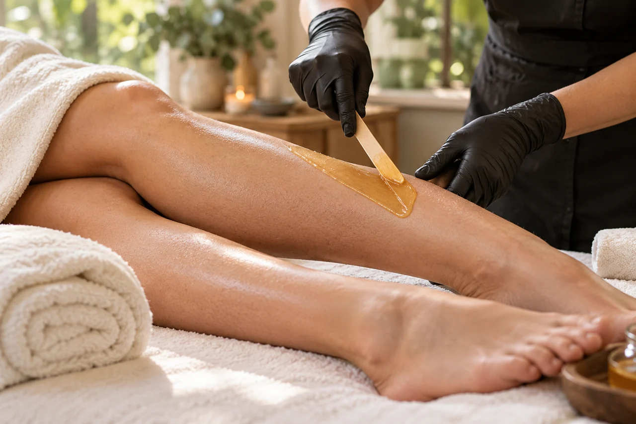 Illustrative leg waxing treatment with honey-colored wax and gloved hands